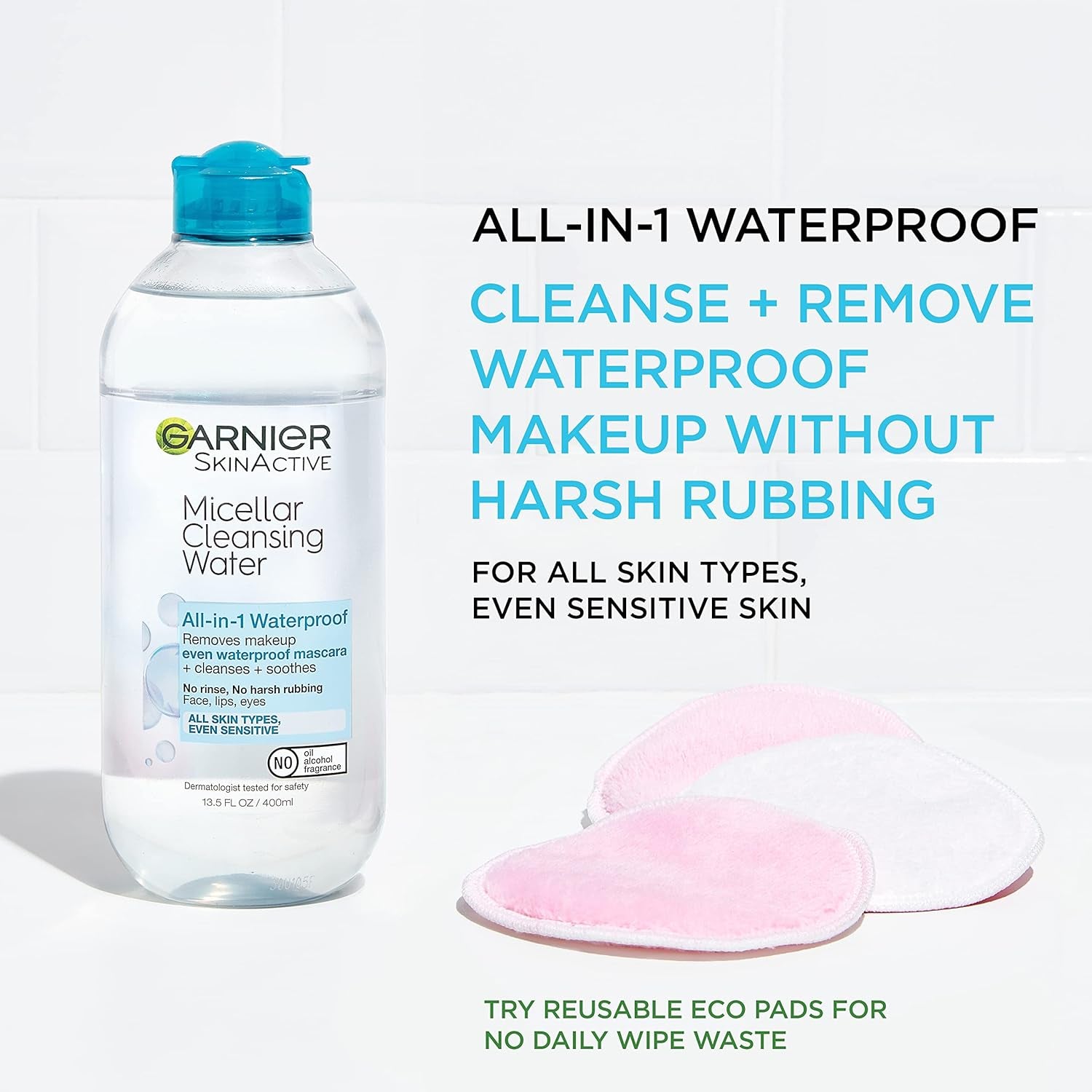 Garnier Micellar Water for Waterproof Makeup, Hydrating Facial Cleanser & Makeup Remover, Suitable for Sensitive Skin, Vegan, Cruelty Free, 13.5 Fl Oz (400Ml), 2 Count