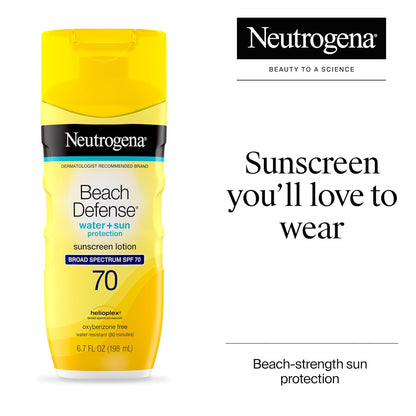 Neutrogena Beach Defense Face and Body Sunscreen Lotion with Broad Spectrum SPF 70, Offers UVA/UVB Protection, Water Resistant and Oil Free Sun Protection, Oxybenzone Free and Fast Drying, 6.5 OZ