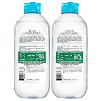 Garnier Micellar Water for Waterproof Makeup, Hydrating Facial Cleanser & Makeup Remover, Suitable for Sensitive Skin, Vegan, Cruelty Free, 13.5 Fl Oz (400Ml), 2 Count