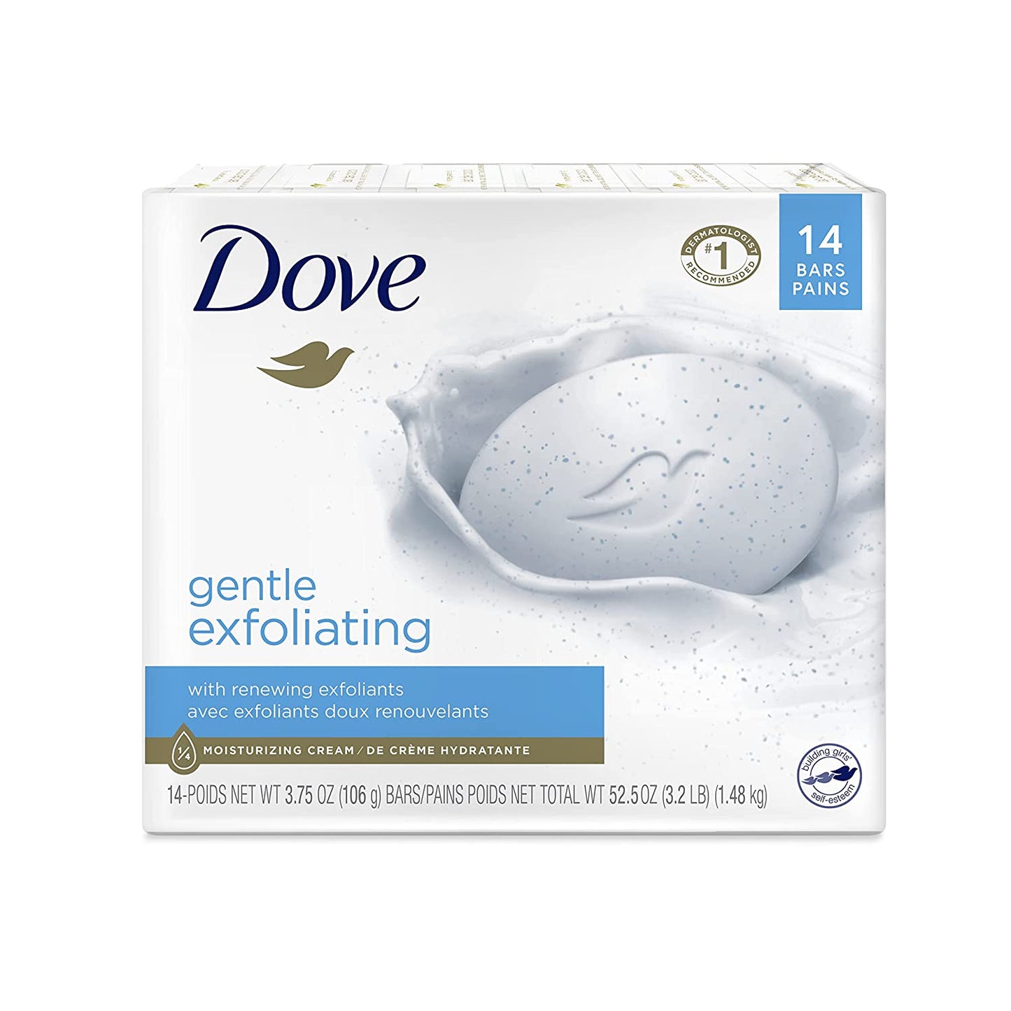Dove Beauty Bar More Moisturizing than Bar Soap Gentle Exfoliating with Mild Cleanser for Softer and Smoother Skin 3.75 Oz Pack of 14