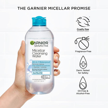 Garnier Micellar Water for Waterproof Makeup, Hydrating Facial Cleanser & Makeup Remover, Suitable for Sensitive Skin, Vegan, Cruelty Free, 13.5 Fl Oz (400Ml), 2 Count